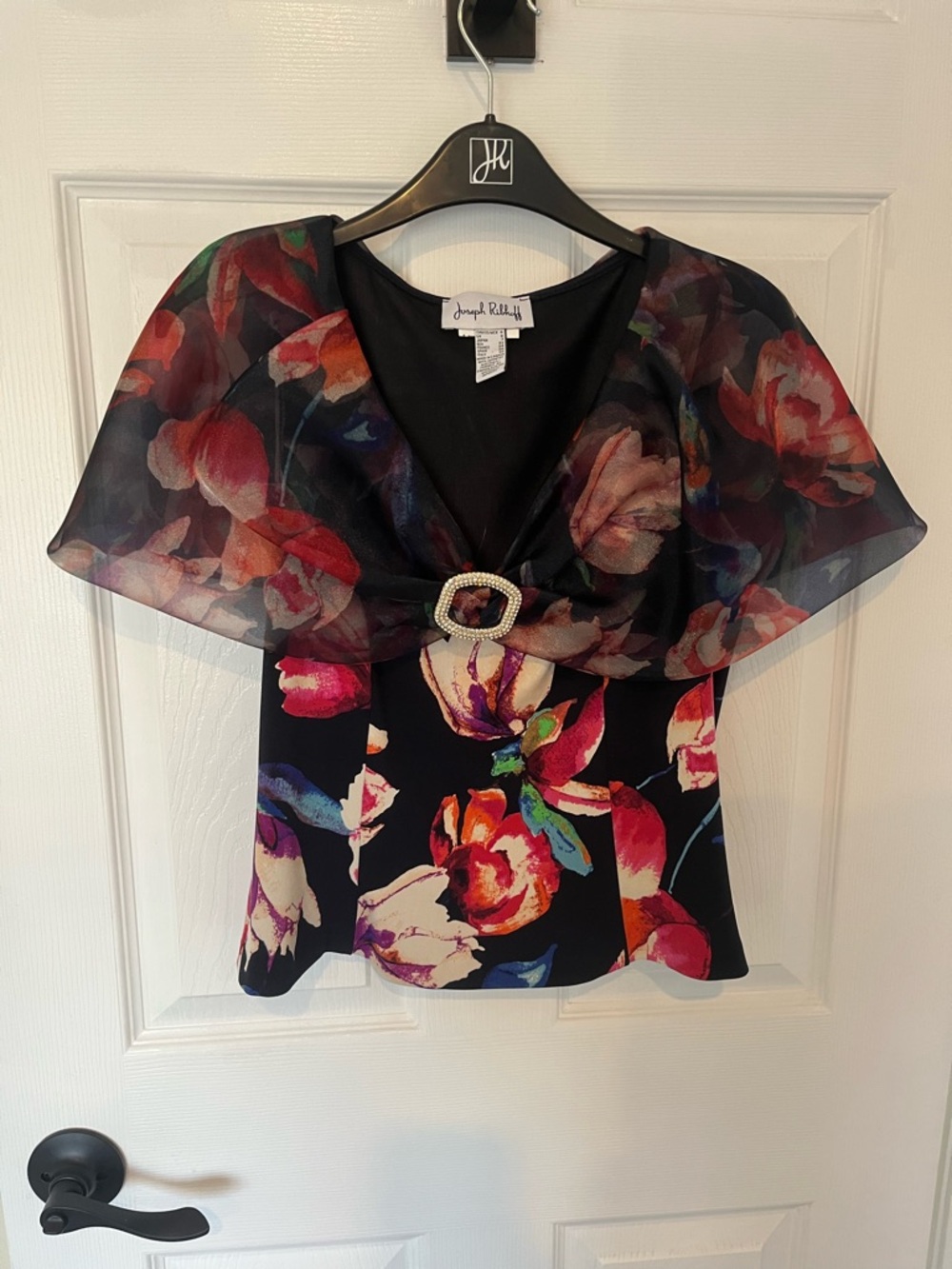 Joseph Ribkoff Black Floral V-Neck Top with Sheer Cape and Buckle